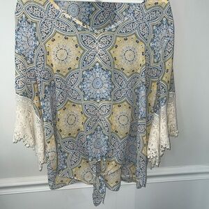 Westport Blue and Yellow Boho Blouse with Lace Accents